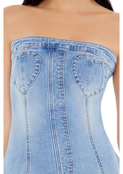 Kalp Desenli Denim Mini Straplez Elbise
