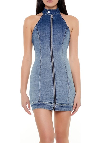 Halter Yaka Denim Mini Elbise