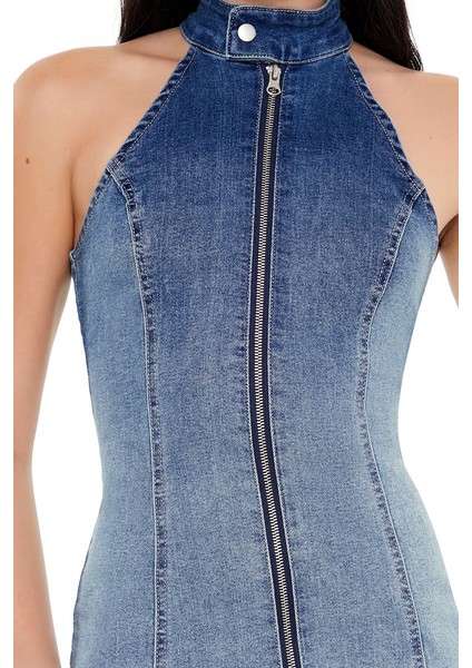 Halter Yaka Denim Mini Elbise