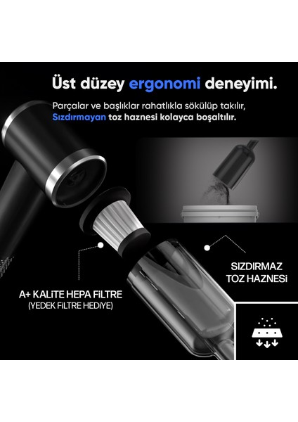 12000PA Güçlü Vakum 2in1 Kablosuz Taşınabilir Şarjlı Araç Süpürgesi ve Hava Üfleyici 2 Kademeli Mini Araç Içi Süpürge