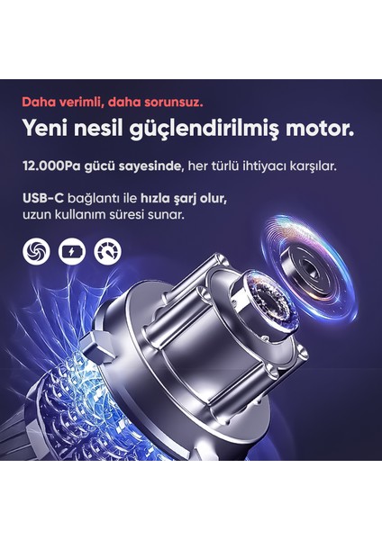 12000PA Güçlü Vakum 2in1 Kablosuz Taşınabilir Şarjlı Araç Süpürgesi ve Hava Üfleyici 2 Kademeli Mini Araç Içi Süpürge