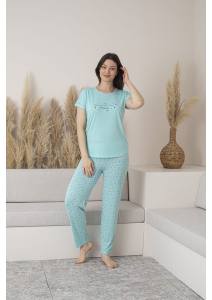Kadın Puantiyeli Viskon Kısa Kol Pijama Takımı-Mint