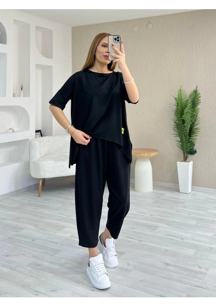 Kadın Kısa Kollu Bisiklet Yaka Viskon Iki Iplik Bluz ve Pantolon Ikili Takım modelleri