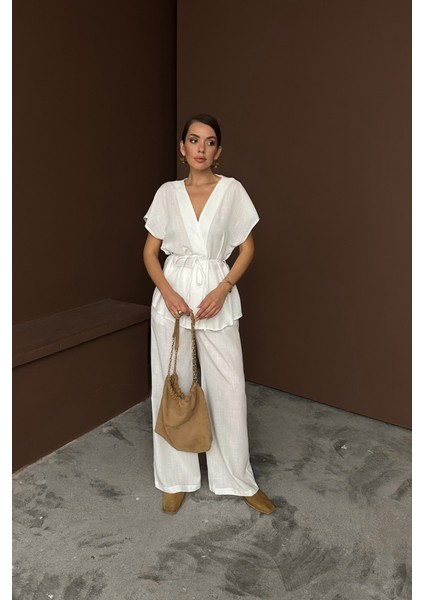Keten V Yaka Belden Bağlamalı Bluz-Pantolon Takım - Beyaz fırsatları