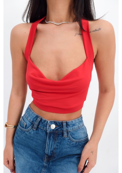Kadın Boyundan Bağlamalı Degaje Yaka Crop Top Kırmızı Bluz
