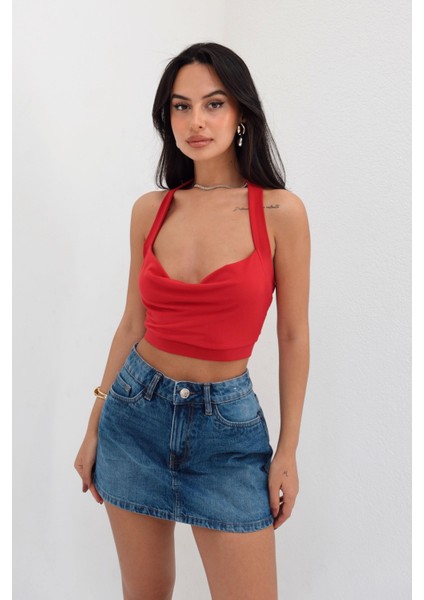 Kadın Boyundan Bağlamalı Degaje Yaka Crop Top Kırmızı Bluz fiyatları