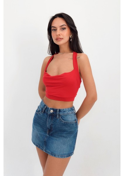 Kadın Boyundan Bağlamalı Degaje Yaka Crop Top Kırmızı Bluz modelleri