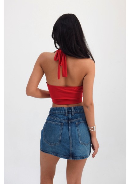 Kadın Boyundan Bağlamalı Degaje Yaka Crop Top Kırmızı Bluz fırsatları