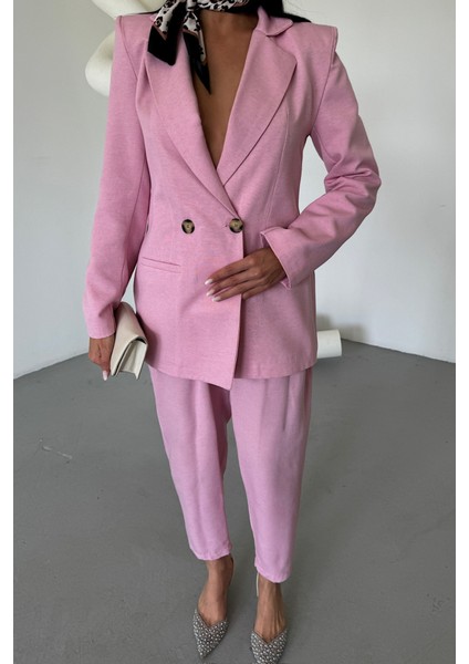 Keten Ceket - Pantolon Takım - Pembe