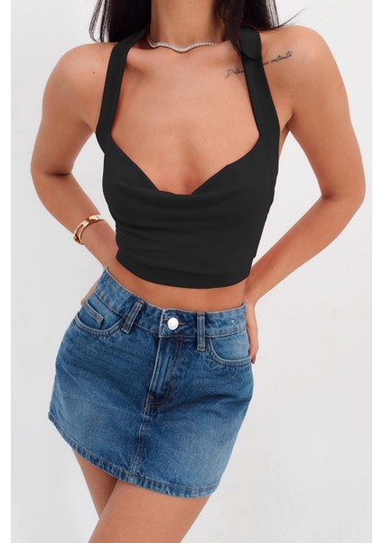 Kadın Boyundan Bağlamalı Degaje Yaka Crop Top Siyah Bluz