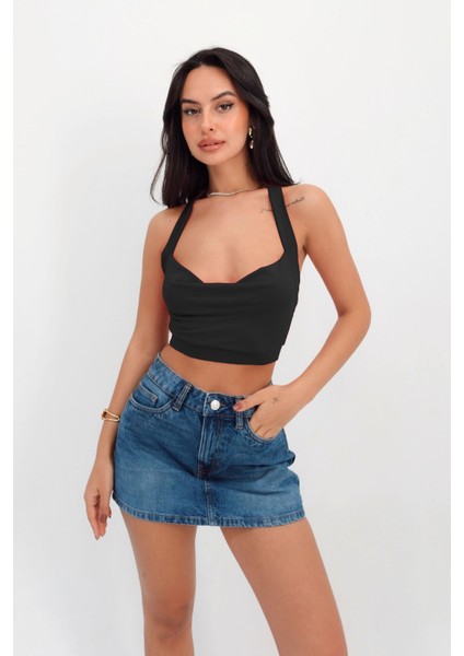 Kadın Boyundan Bağlamalı Degaje Yaka Crop Top Siyah Bluz fiyatları