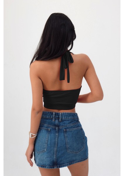Kadın Boyundan Bağlamalı Degaje Yaka Crop Top Siyah Bluz modelleri