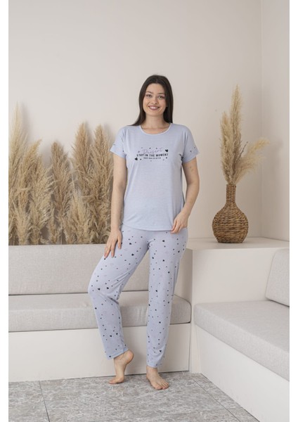 Kadın Kalp Desenli Viskon Kısa Kol Pijama Takımı-Gri