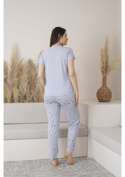 Kadın Kalp Desenli Viskon Kısa Kol Pijama Takımı-Gri fiyatları