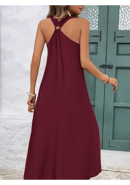 Kadın Askılı V Yakalı Halka Detaylı Maksi Boy Viskon Elbise fiyatları