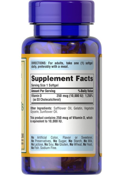 Vitamin D3 250 Mcg (10000 Iu), 200 Softgels