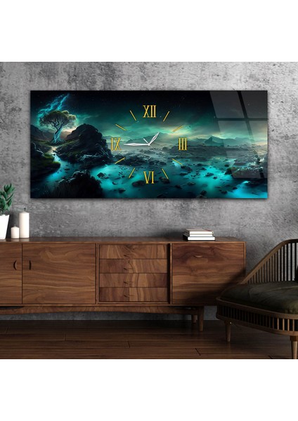Yatay Ortadan Saatli Sanat ve Doğa Temalı Cam Tablo YSOS063
