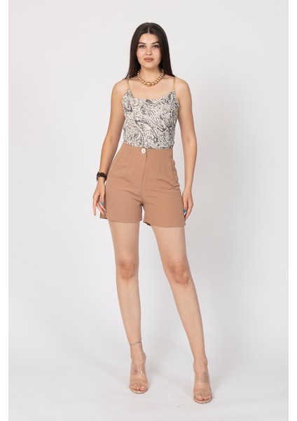 Önü Çift Pensli Süs Cepli Yüksek Bel Kısa Şort 30155