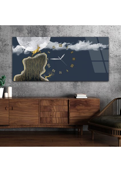 Yatay Ortadan Saatli Sanat ve Doğa Temalı Cam Tablo YSOS083