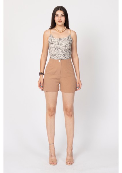 Önü Çift Pensli Süs Cepli Yüksek Bel Kısa Şort 30155 fiyatları