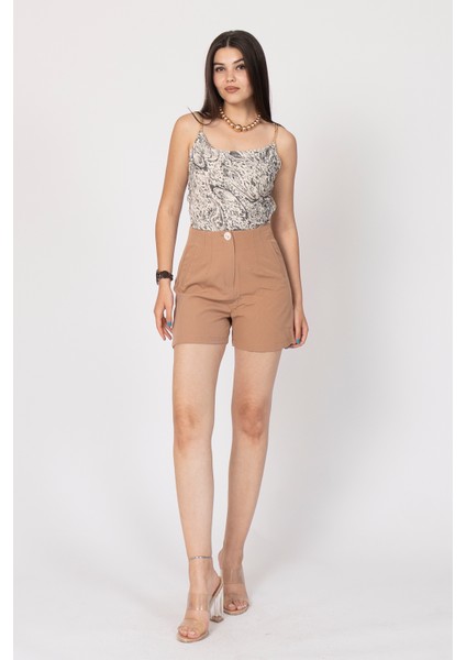 Önü Çift Pensli Süs Cepli Yüksek Bel Kısa Şort 30155 indirimleri