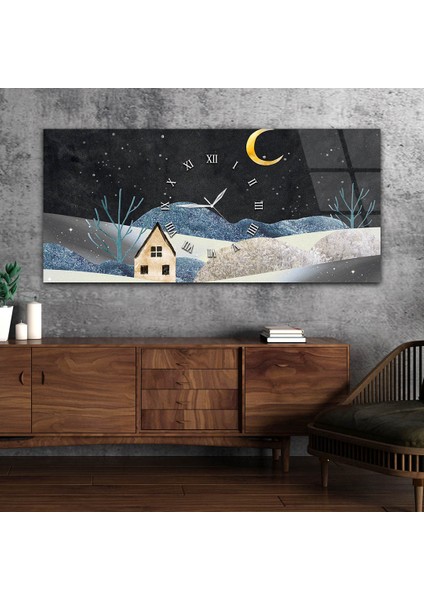 Yatay Ortadan Saatli Sanat ve Doğa Temalı Cam Tablo YSOS019