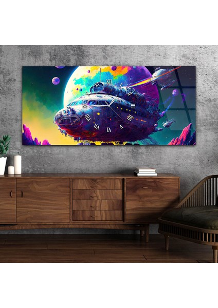 Yatay Ortadan Saatli Sanat ve Doğa Temalı Cam Tablo YSOS045