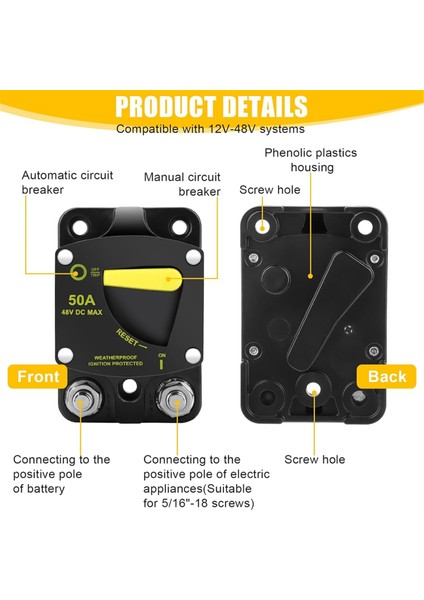 50 Amperlik Devre Kesici Manuel Sıfırlama Anahtarı Dc 12-48 V Yüksek Amper, Kablo Pabuçları Bakır Rondela Araba Ses Sistemi Rv Denizcilik Için (Yurt Dışından) modelleri