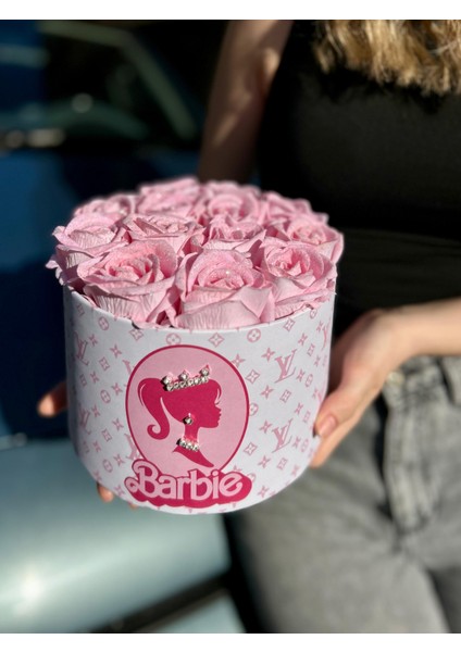 Tasarım Silindir Kutuda 13'lü Pembe Simli Kadife Gül