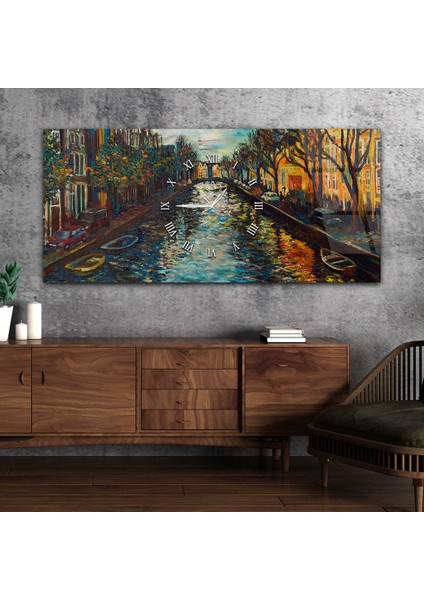Yatay Ortadan Saatli Sanat ve Doğa Temalı Cam Tablo YSOS039