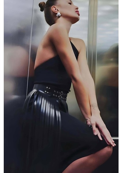 Püsküllü Deri Etek, Şık Deri Etek, Uzun Deri Etek, Siyah Deri Etek - BRF637 indirimleri