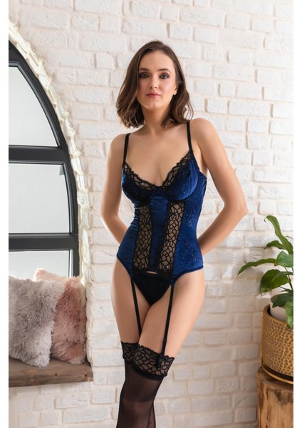 Miraxx Kadife Korse Sütyen String ve Jartiyer Çorap Takım Lacivert ( 32132)