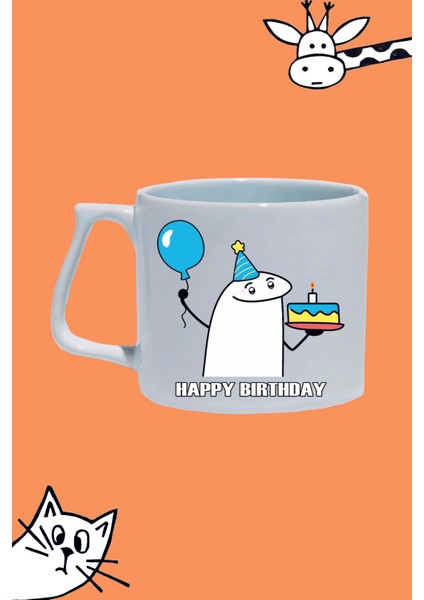 Mavi Balon ve Pasta Happy Bırthday Mutlu Yıllar Tasarım Baskılı Beyaz Lüks Sap Kupa Bardak