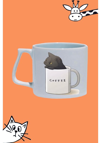 Coffee Kara Kedi Tasarım Baskılı Beyaz Lüks Sap Kupa Bardak