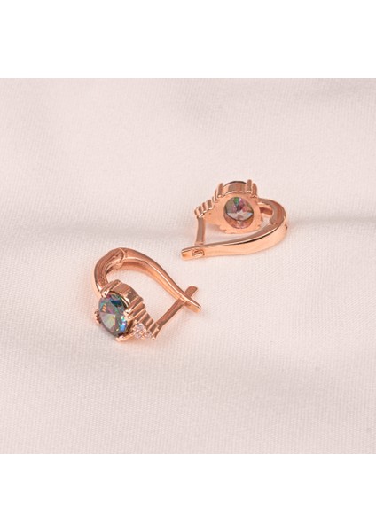 Gümüş Küpe - 925 Ayar Gümüş Oval Mistik Topaz Taşlı Tektaş Küpe