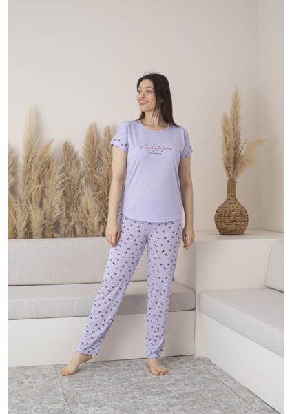 Kadın Çiçek Desenli Viskon Kısa Kol Pijama Takımı-Lila