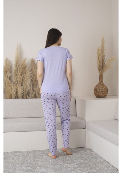 Kadın Çiçek Desenli Viskon Kısa Kol Pijama Takımı-Lila fiyatları