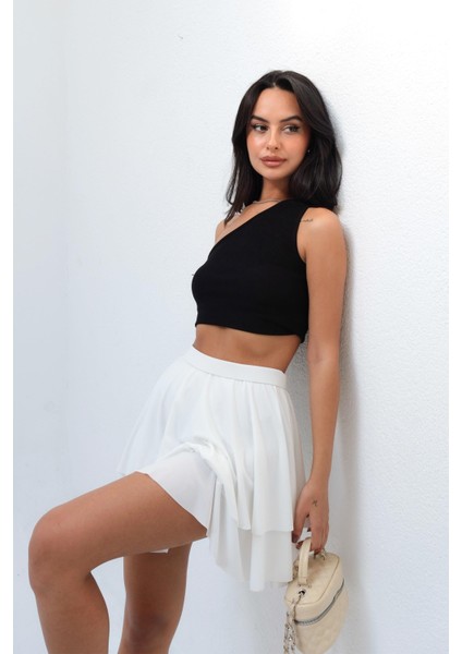 Beli Lastikli Volanlı Mini Etek Beyaz