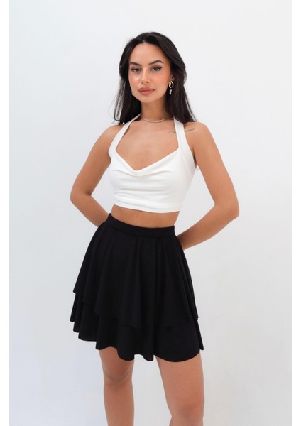 Beli Lastikli Volanlı Mini Etek Siyah
