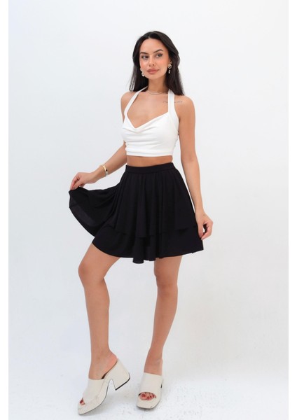 Beli Lastikli Volanlı Mini Etek Siyah modelleri