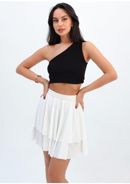 Kadın Beli Lastikli Kat Kat Fırfırlı Volanlı Beyaz Mini Etek