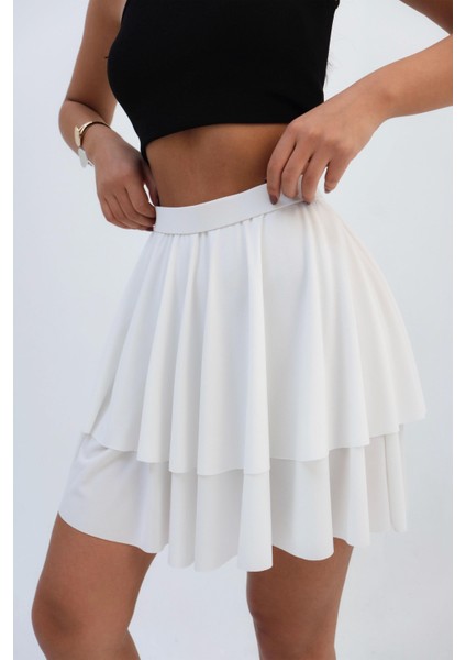 Kadın Beli Lastikli Kat Kat Fırfırlı Volanlı Beyaz Mini Etek modelleri