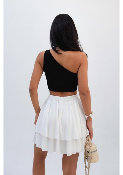 Kadın Beli Lastikli Kat Kat Fırfırlı Volanlı Beyaz Mini Etek indirimleri