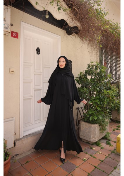 Kendinden Şallı Taşlı Abaya Ferace-Medine Ipeği