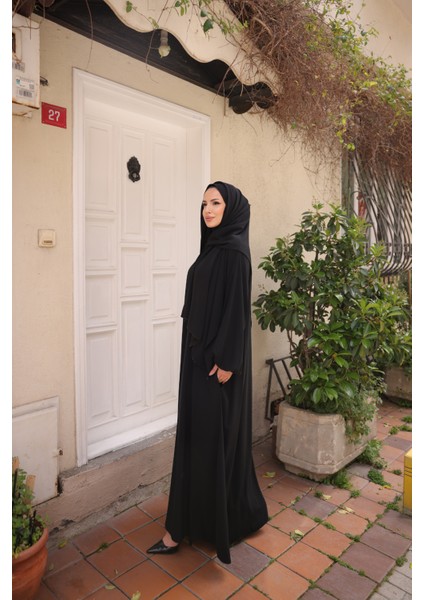 Kendinden Şallı Taşlı Abaya Ferace-Medine Ipeği indirimleri