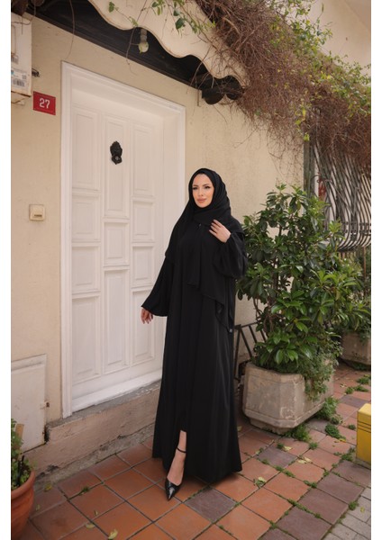 Kendinden Şallı Taşlı Abaya Ferace-Medine Ipeği