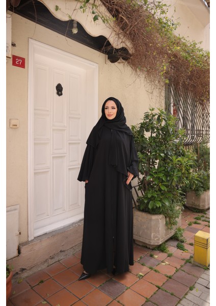 Kendinden Şallı Taşlı Abaya Ferace-Medine Ipeği