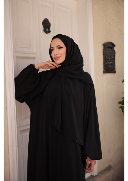 Kendinden Şallı Taşlı Abaya Ferace-Medine Ipeği