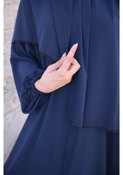 Kendinden Şallı Taşlı Abaya Ferace-Medine Ipeği
