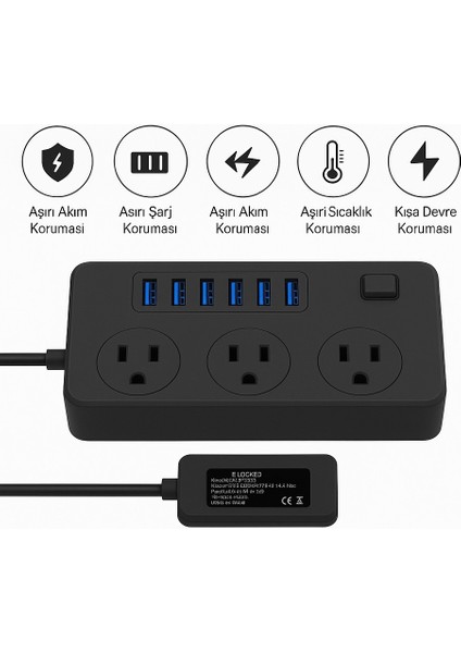 Uzatma Kablosu 6 USB 3 Priz Girişli Aşırı Gerilim Koruyuculu Güç Şeridi fırsatları